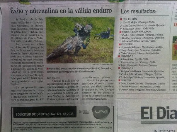 Recorte de prensa sobre la válida de enduro en el Ecoparque TuPaís